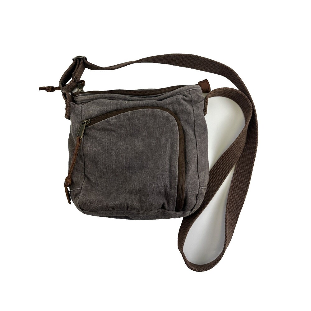 Duluth Trading Co Canvas Crossbody Bag Gray Brown Adjustable Medium Zip Round